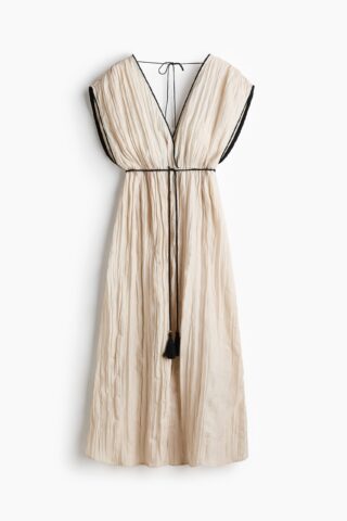 H & M - Crinklejurk met strikbandjes - Lichtbeige