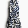 H & M - Overhemdjurk met strikceintuur - Wit/Marineblauw Dessin