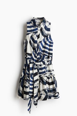 H & M - Overhemdjurk met strikceintuur - Wit/Marineblauw Dessin
