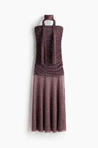 H & M - Gedrapeerde jurk van mesh - Donkerbruin/Gestippeld