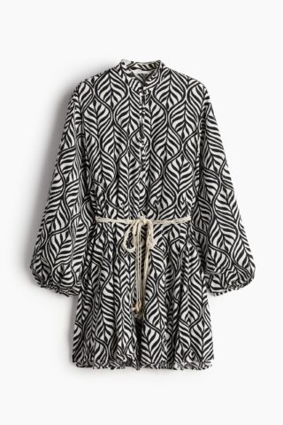 H & M - Jurk met macraméceintuur - Zwart/Bladdessin