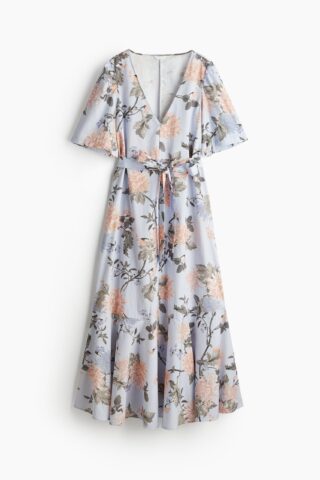 H & M - Jurk met strikceintuur - Lichtblauw/Bloemen
