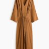 H & M - Jurk met strikbandjes - Donkerbeige