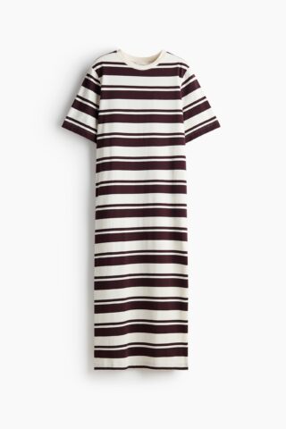 H & M - Lange T-shirtjurk - Wit/Bruin Gestreept
