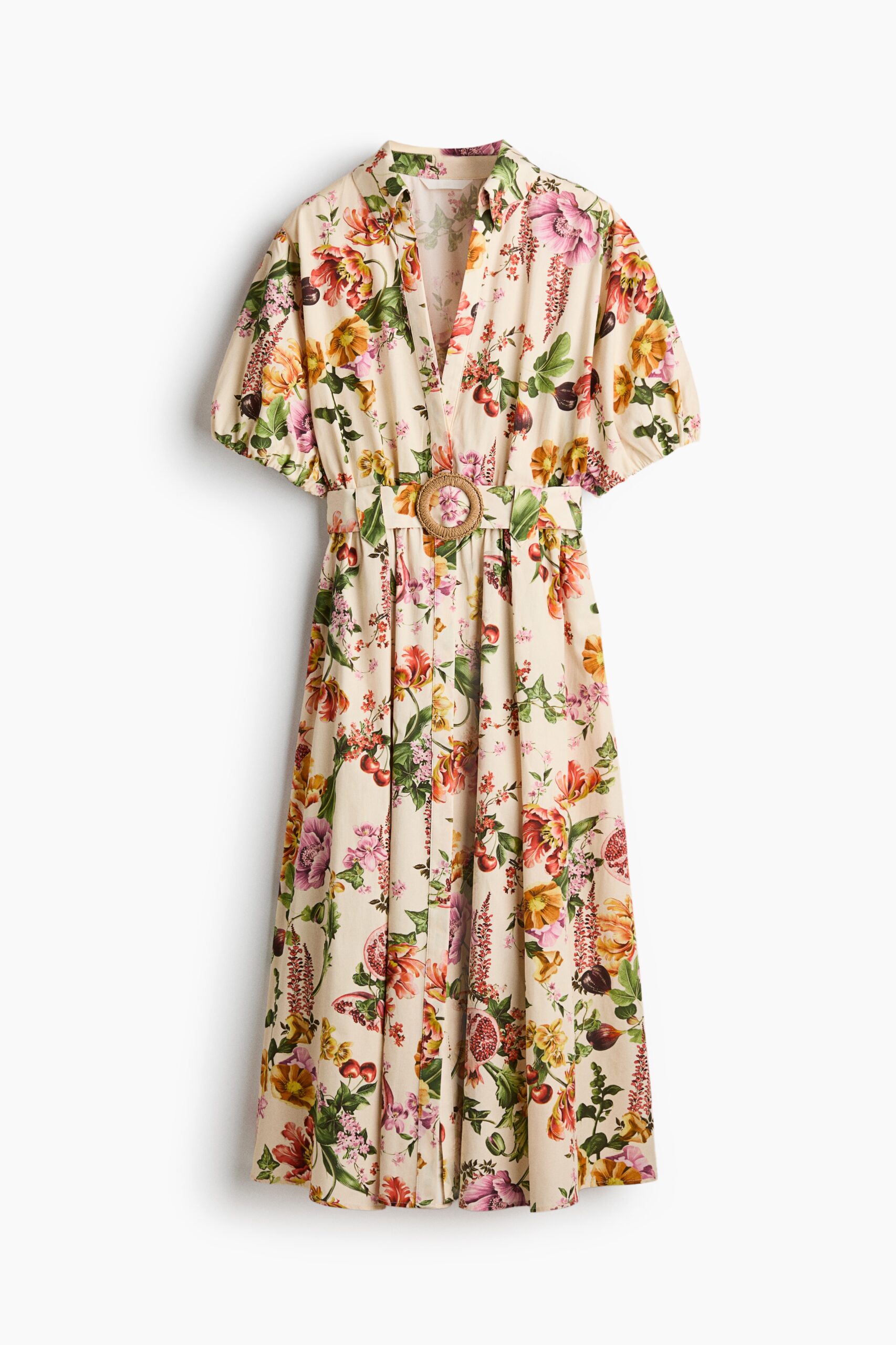 H & M - Katoenen overhemdjurk met ceintuur - Lichtbeige/Bloemen H & M - Katoenen overhemdjurk met ceintuur - Lichtbeige/Bloemen