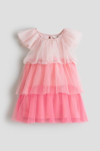 H & M - Tulen volantjurk - Roze/Blokkleuren