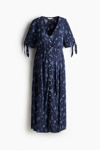 H & M - MAMA Jurk van viscose met strikceintuur - Donkerblauw/Bloemen