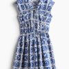H & M - Popeline jurk met drawstrings - Wit/Blauw Dessin