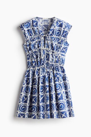H & M - Popeline jurk met drawstrings - Wit/Blauw Dessin