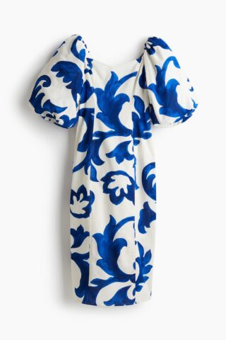 H & M - Jurk met ballonmouwen - Wit/Blauw Dessin