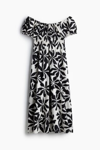 H & M - Popeline off-the-shoulderjurk - Wit/Zwarte Bloemen