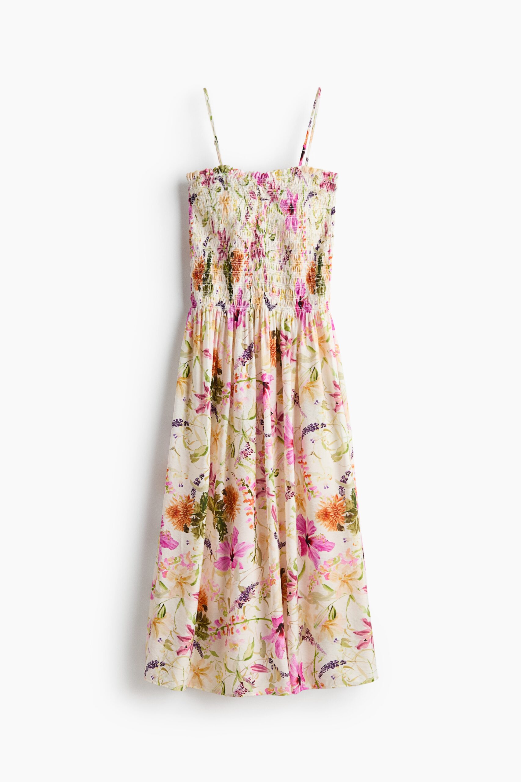 H & M - Strappy jurk met smokwerk - Wit/Bloemen