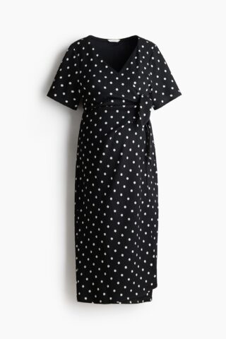 H & M - MAMA Crinklejurk met overslag - Zwart/Polkadot