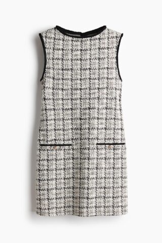 H & M - Gebreide jurk van bouclégaren met franje - Roomwit/Zwart Geruit