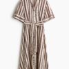 H & M - Jurk met strikceintuur - Lichtbeige/Gestreept