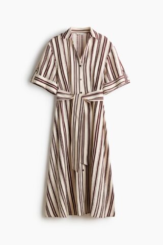 H & M - Jurk met strikceintuur - Lichtbeige/Gestreept