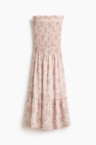 H & M - Bandeaujurk met smokwerk - Roomwit/Bloemen