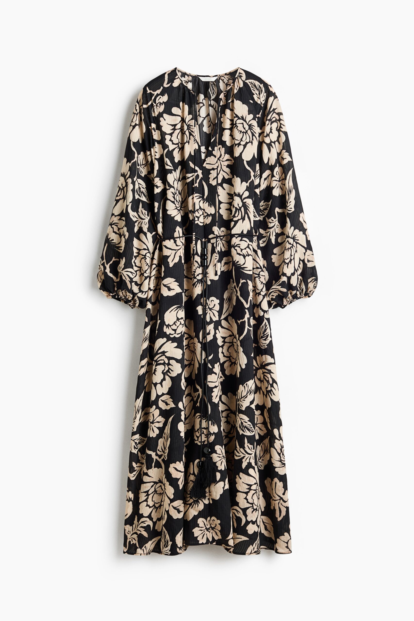H & M - Tuniekjurk met ceintuur - Zwart/Bloemen