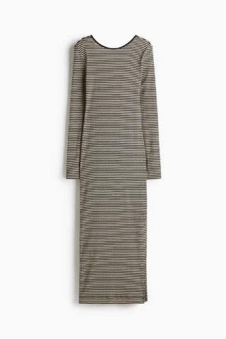 H & M - Geribde jurk met laag rugdecolleté - Zwart/Beige Gestreept
