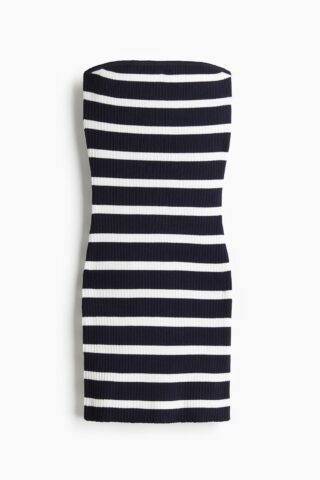 H & M - Ribgebreide bandeaujurk - Zwart/Wit Gestreept