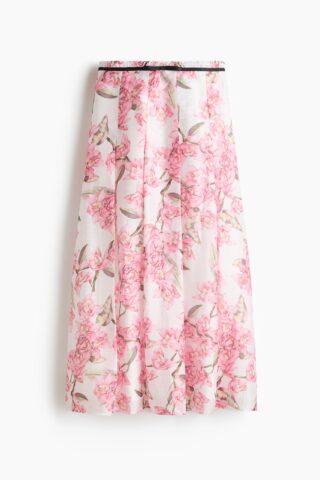 H & M - Geplooide rok van linnenmix - Ivoorwit/Bloemen