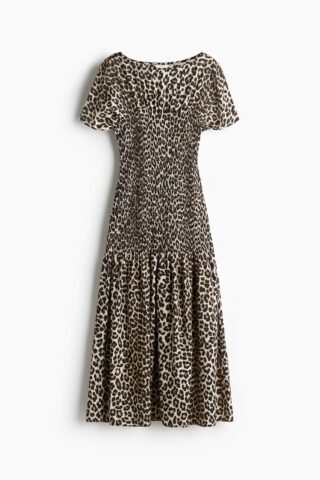 H & M - Jurk met smokwerk - Lichtbeige/Luipaarddessin