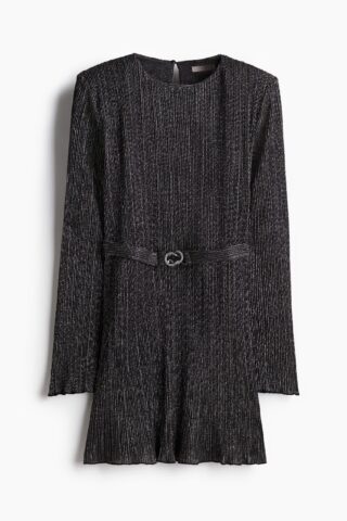 H & M - Plisséjurk met schoudervullingen - Zwart/Glitters