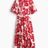H & M - Overhemdjurk met strikceintuur - Wit/Rode Bloemen