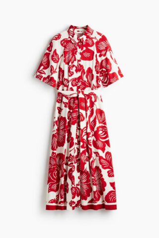 H & M - Overhemdjurk met strikceintuur - Wit/Rode Bloemen