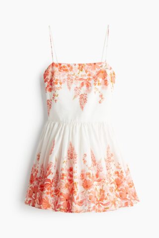 H & M - Linnen jurk met dessin - Koraalrood/Bloemen