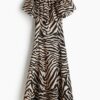 H & M - Off-the-shoulderjurk met volant - Beige/Zebradessin