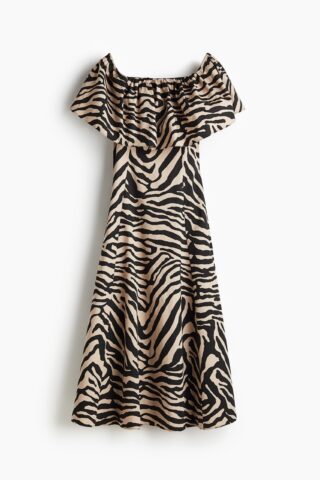 H & M - Off-the-shoulderjurk met volant - Beige/Zebradessin