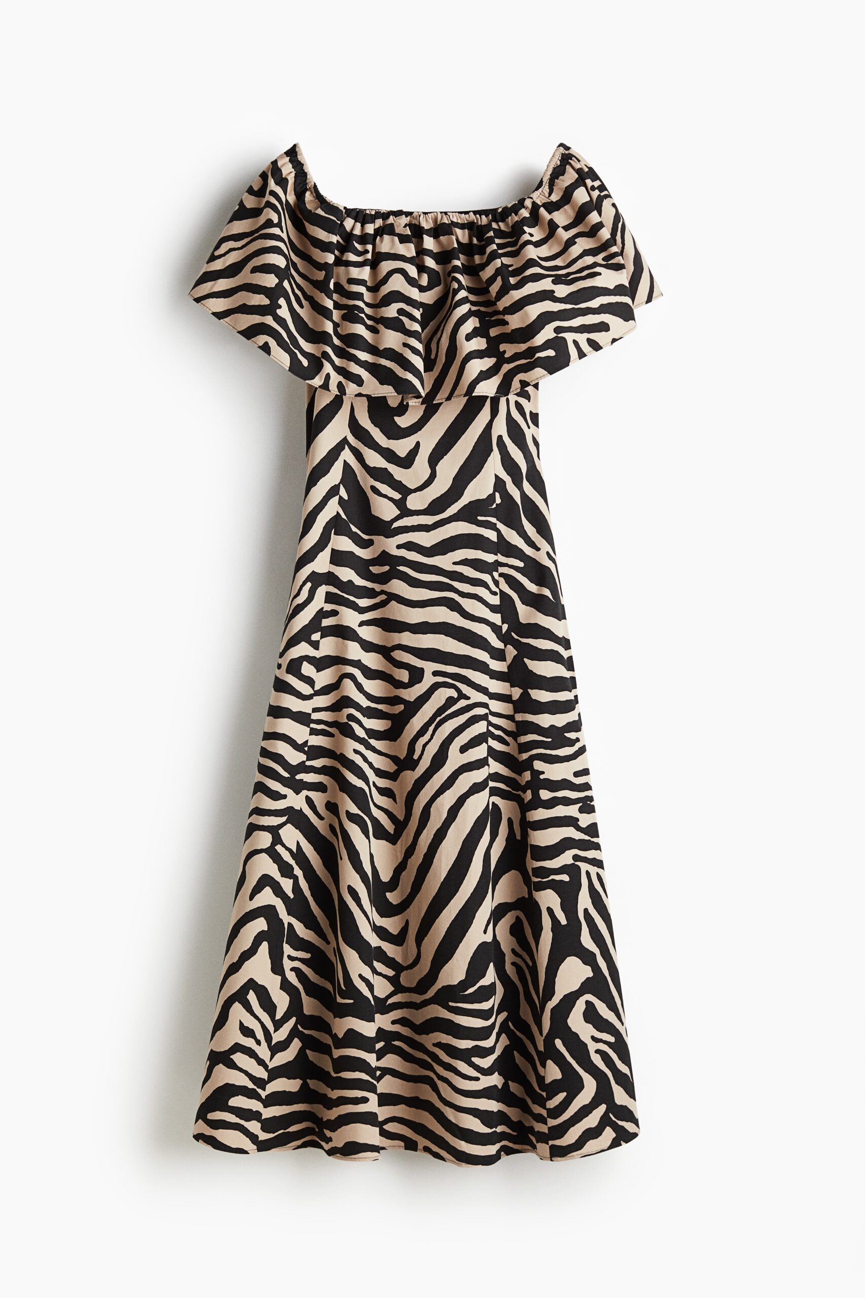 H & M - Off-the-shoulderjurk met volant - Beige/Zebradessin H & M - Off-the-shoulderjurk met volant - Beige/Zebradessin