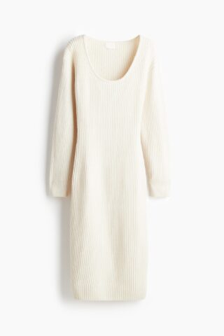 H & M - Ribgebreide jurk met diepe hals - Wit