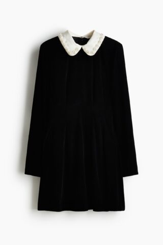 H & M - Fluwelen jurk met kraag - Zwart/Wit