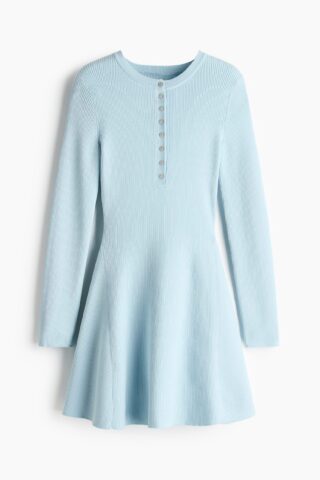 H & M - Ribgebreide jurk met uitlopende rok - Lichtblauw