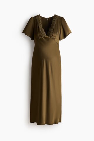 H & M - MAMA Satijnen jurk met kant - Donker Kakigroen