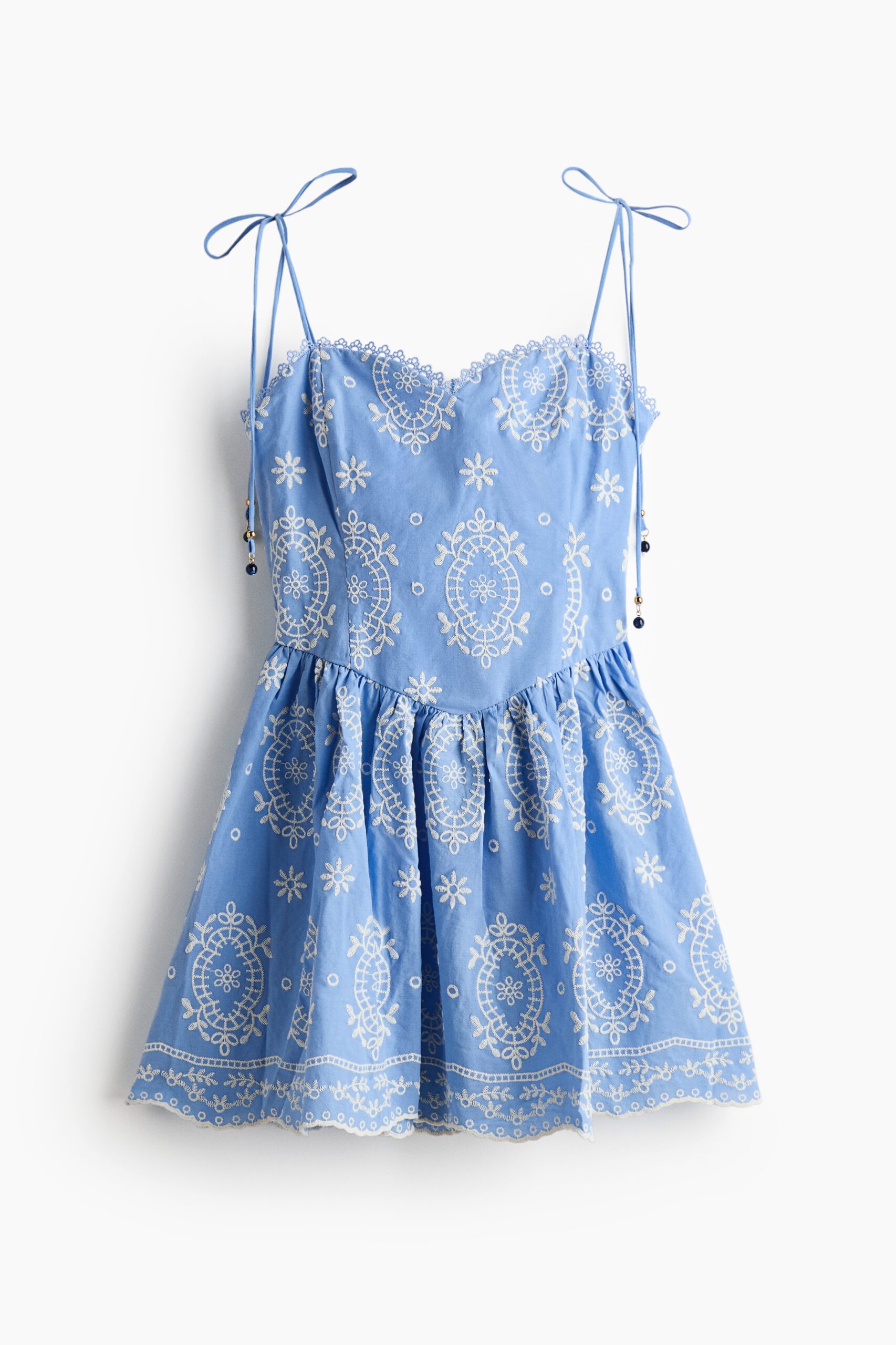 H & M - Jurk met strikbandjes en borduursel - Lichtblauw/Dessin