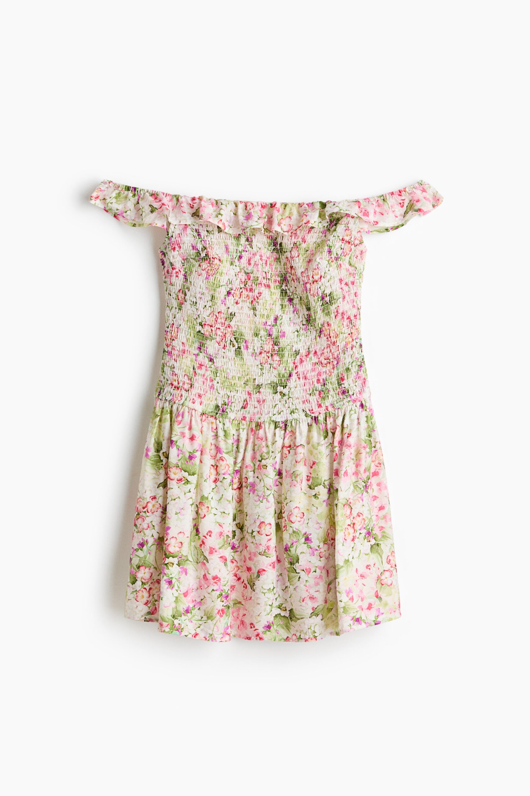 H & M - Gesmokte off-the-shoulderjurk - Wit/Bloemen