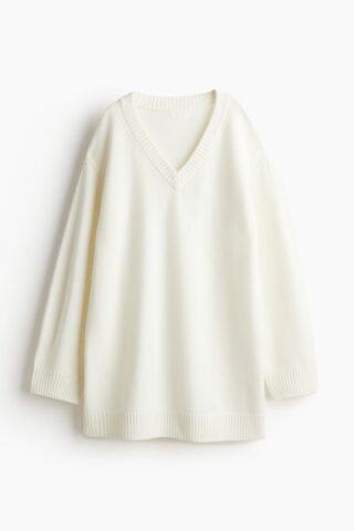 H & M - Gebreide jurk met V-hals - Wit