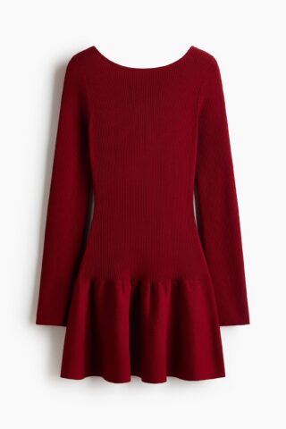 H & M - Geribde jurk met uitlopende rok - Donkerrood