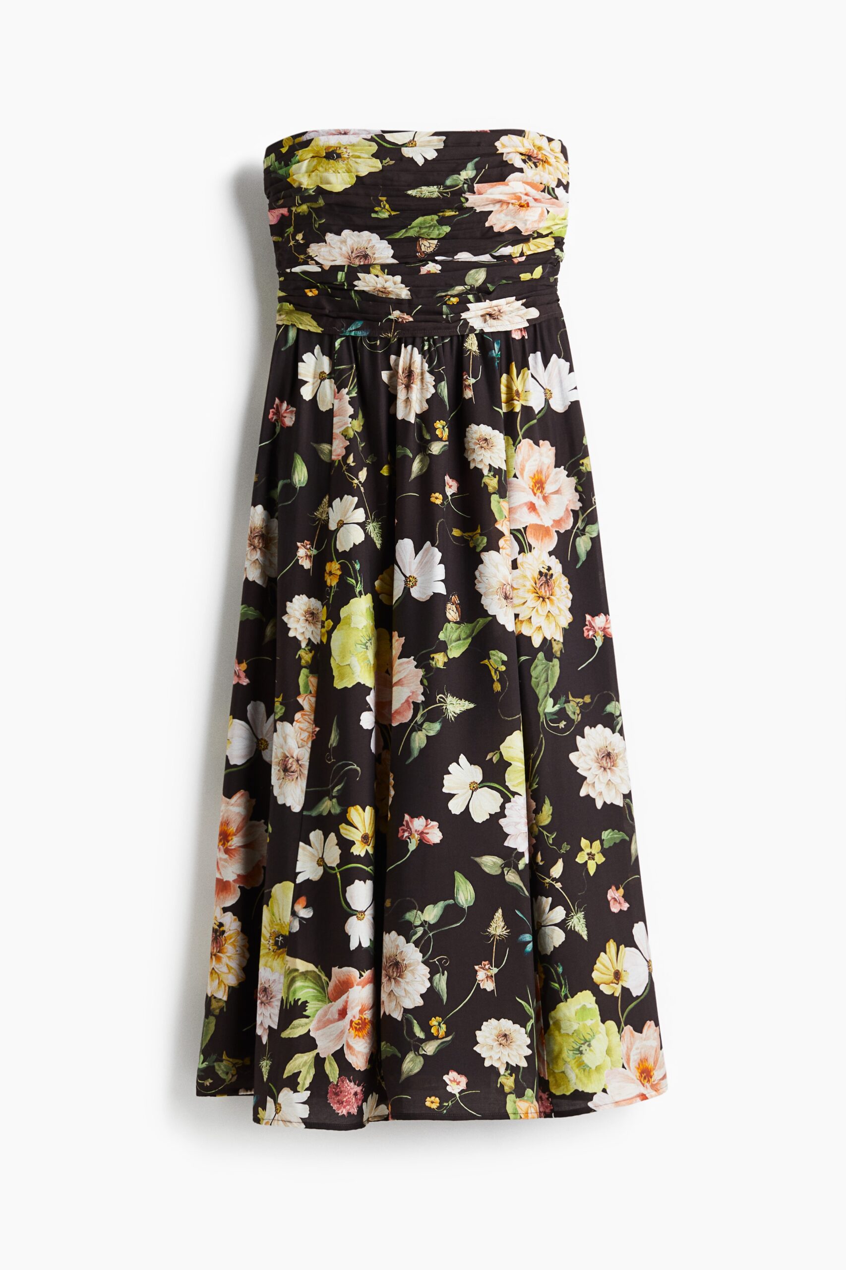 H & M - Geplooide bandeaujurk - Zwart/Bloemen
