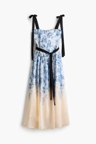 H & M - Jurk met flared rok en strikbanden - Roomwit/Bloemen