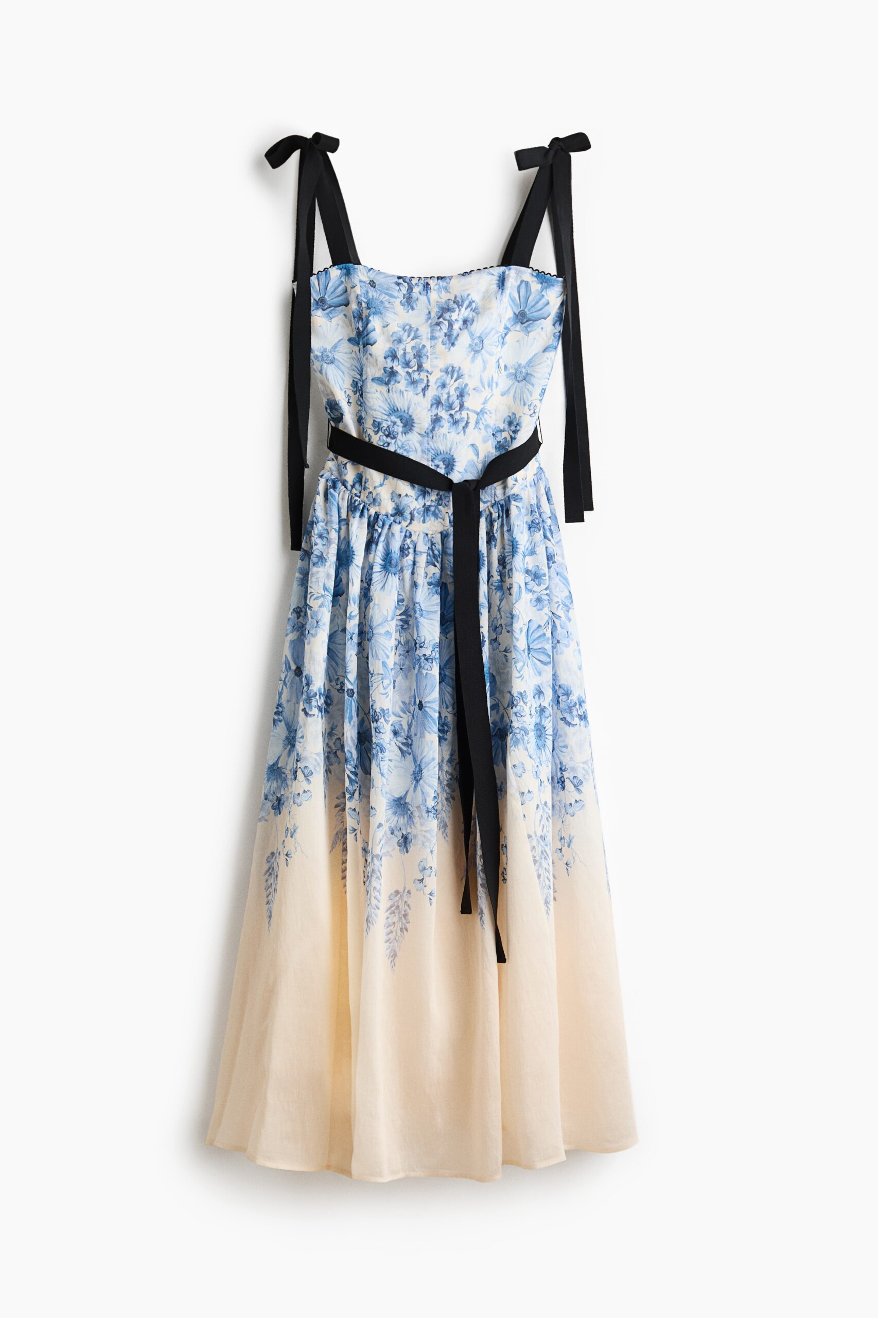H & M - Jurk met flared rok en strikbanden - Roomwit/Bloemen