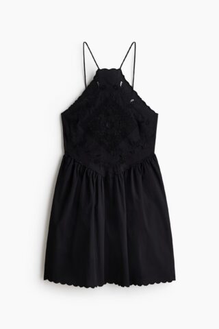 H & M - Jurk met broderie anglaise en uitlopende rok - Zwart