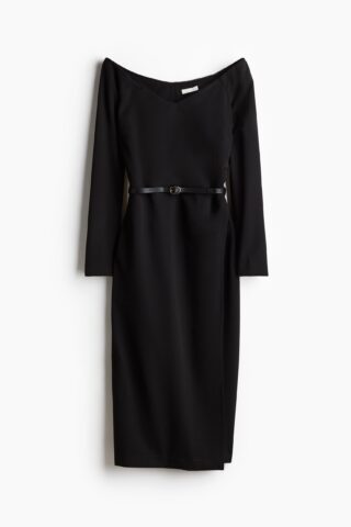 H & M - Off-the-shoulderjurk met ceintuur - Zwart