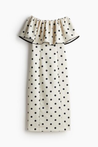 H & M - Off-the-shoulderjurk - Roomwit/Stippen