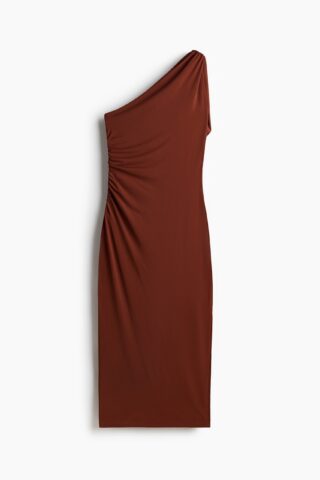 H & M - One-shoulderjurk met gedrapeerd paneel - Roestbruin