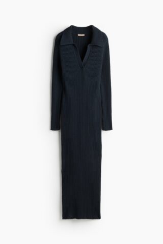 H & M - Ribgebreide jurk met kraag - Lichtzwart