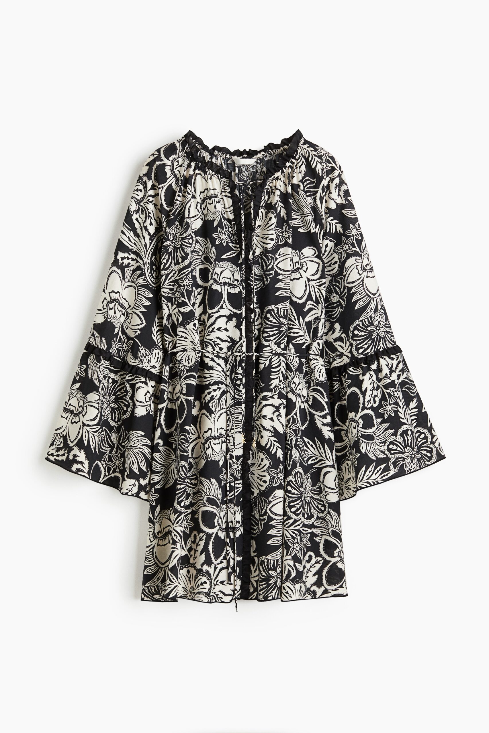 H & M - Tuniekjurk met trompetmouwen - Zwart/Bloemen